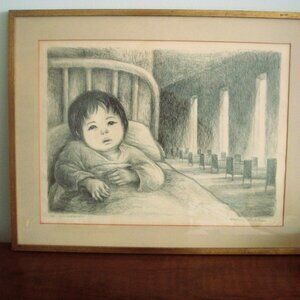 1960s Artist Signed Framed Print Child Portrait
